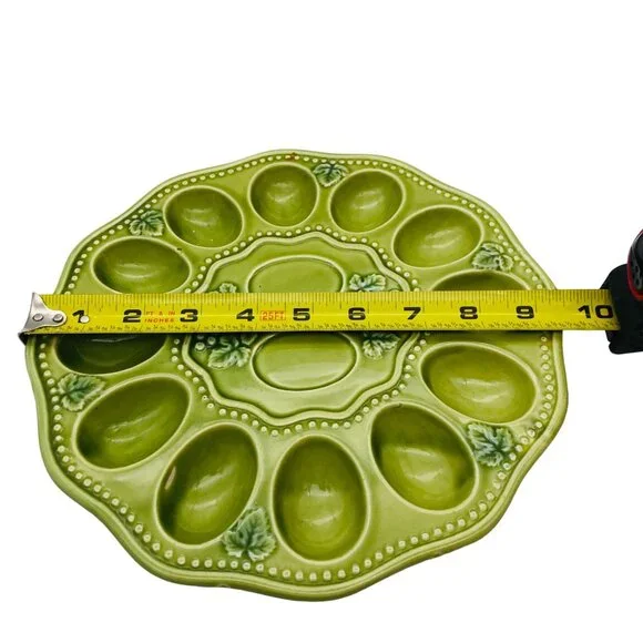 Vtg Green Majolica Deviled Egg Plate Grapevine Decorative Serving Platter